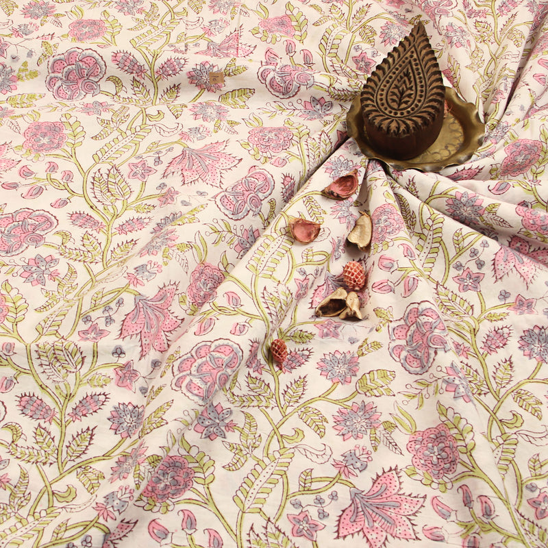 Sanganeri White & Pink Floral Jaal Hand Block Printed Cotton Fabric