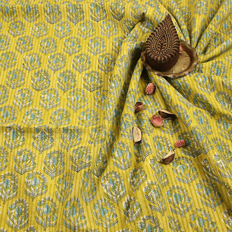Sanganeri Yellow Floral Jaal Hand Block Printed Cotton Fabric