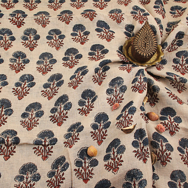 Beige & Indigo Dahlia Linen Ajrakh Fabric