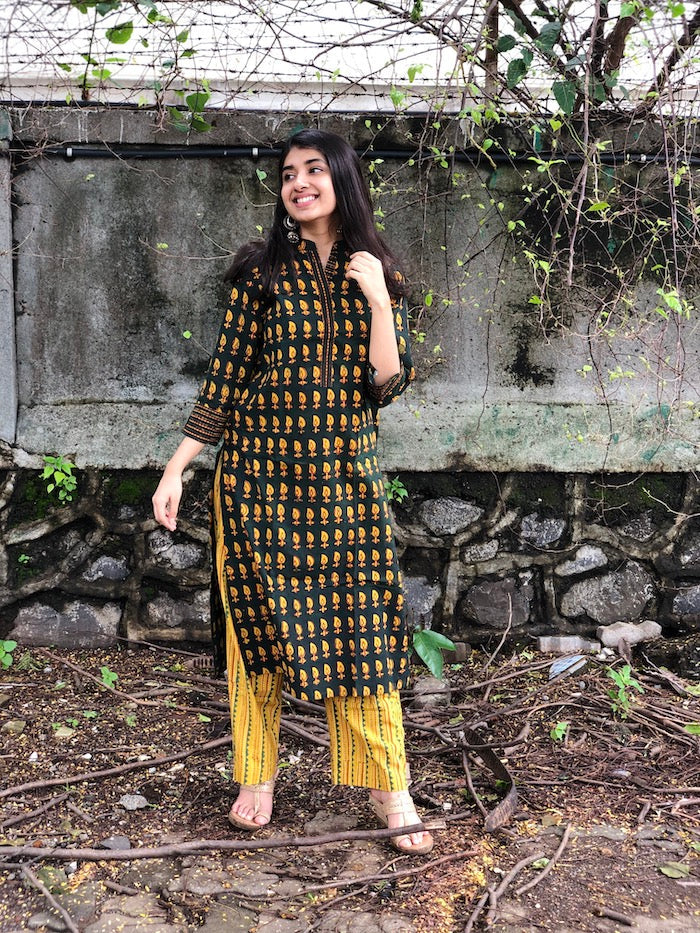 Geetika Leafy Henna Handblock Cotton Kurta + Palazzo | Relove