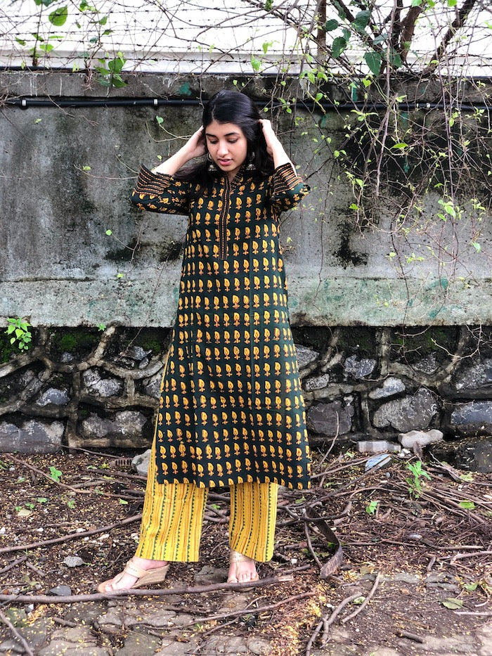 Geetika Leafy Henna Handblock Cotton Kurta + Palazzo | Relove