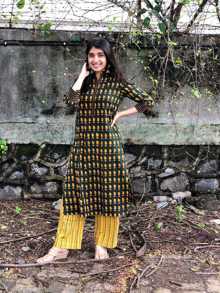 Geetika Leafy Henna Handblock Cotton Kurta + Palazzo | Relove