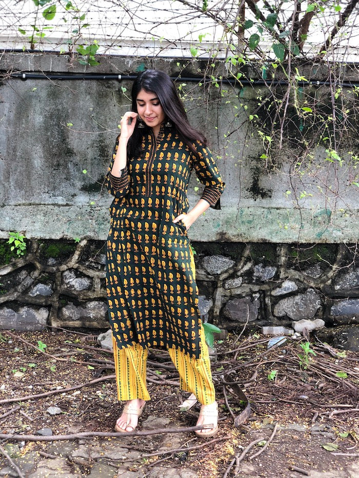 Geetika Leafy Henna Handblock Cotton Kurta + Palazzo | Relove