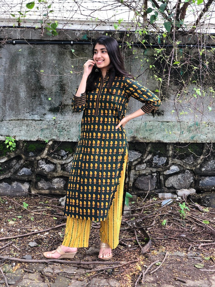 Geetika Leafy Henna Handblock Cotton Kurta + Palazzo | Relove