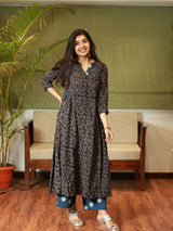 Rehaa Ajrakh Indigo Pleated Cotton Kurta | Relove
