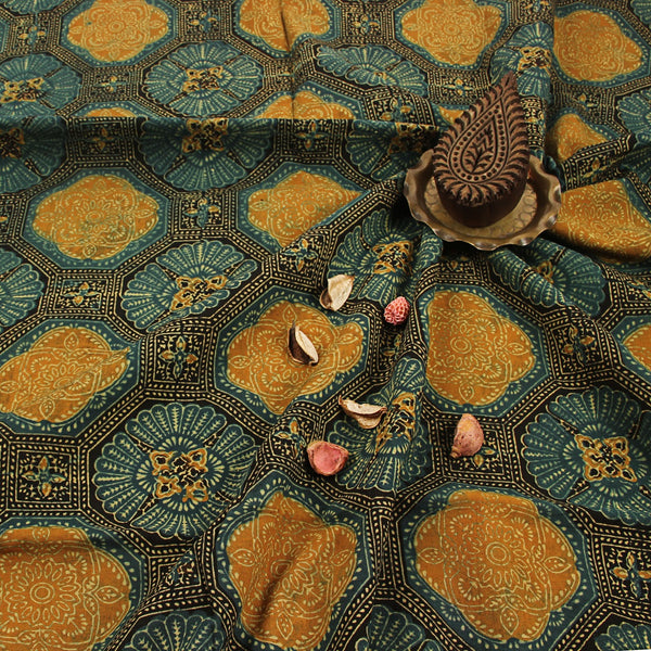 Henna Big Floral Jaal Ajrakh Hand Block Printed Cotton Fabric