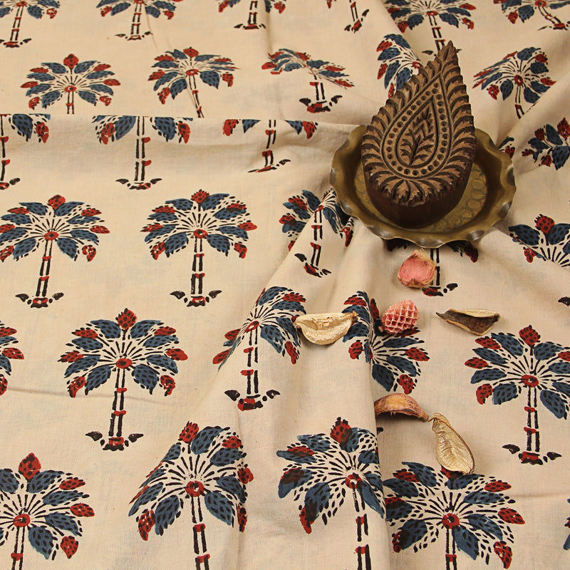 Beige & Indigo Palm Tree Ajrakh Hand Block Printed Cotton Fabric