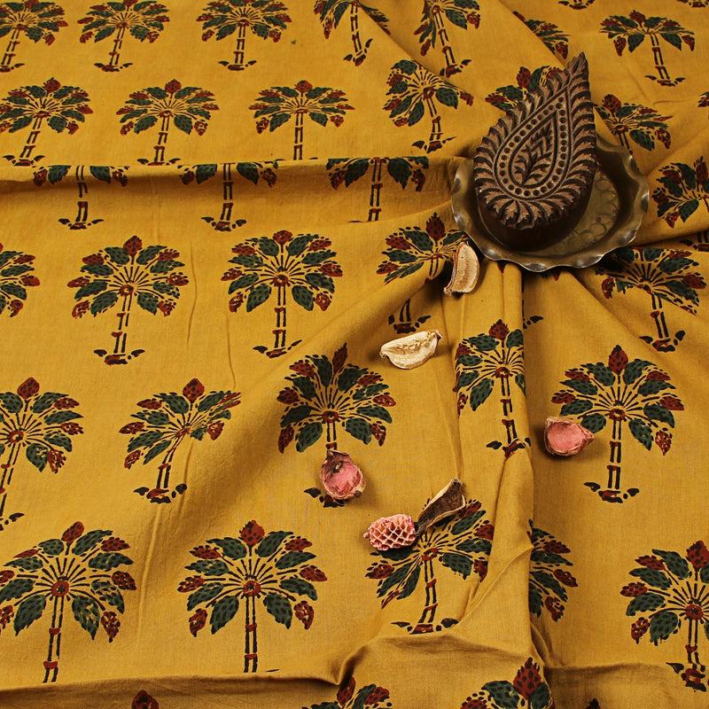 Yellow & Green Palm Tree Ajrakh Hand Block Printed Cotton Fabric