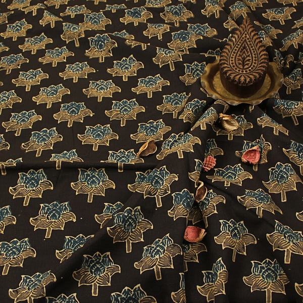 Dusky Brown & Indigo Rose Flower Butti Ajrakh Hand Block Printed Cotton Fabric
