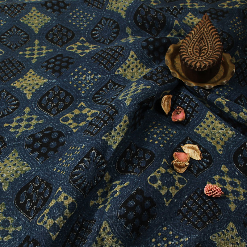 Black Indigo Ajrakh Hand Block Printed Linen Fabric