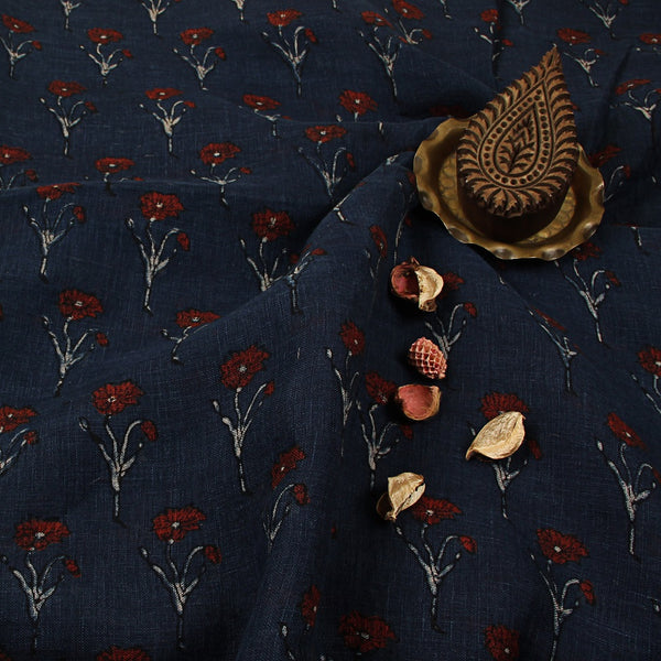 Indigo & Madder Iris Butti Ajrakh Hand Block Printed Linen Fabric