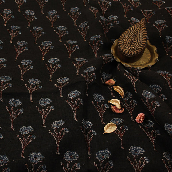 Black & Indigo Iris Butti Ajrakh Hand Block Printed Linen Fabric
