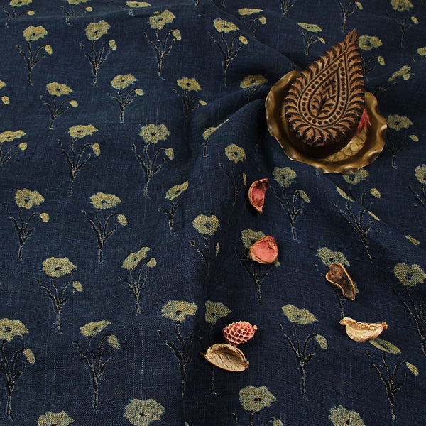 Indigo Iris Butti Ajrakh Hand Block Printed Linen Fabric