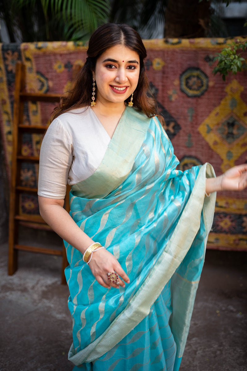 Blue Chanderi Pattu Soft Silk Stripe Saree
