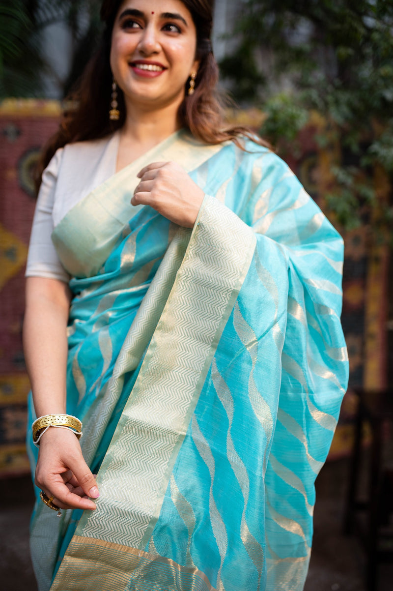 Blue Chanderi Pattu Soft Silk Stripe Saree