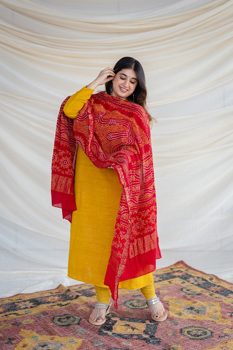 Red and Yellow Venkatgiri Handloom Cotton Bandhej Dupatta