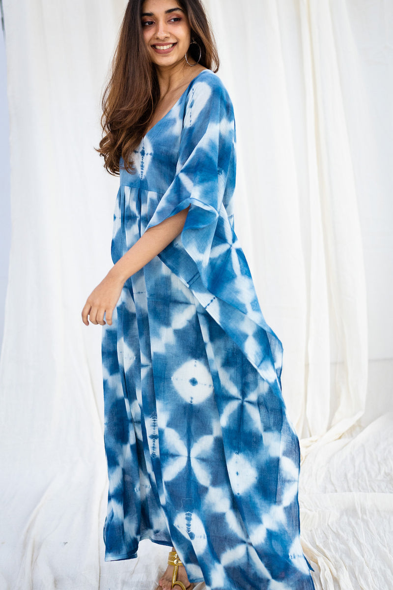 Aiza Shibori Indigo Mul Cotton Kaftan
