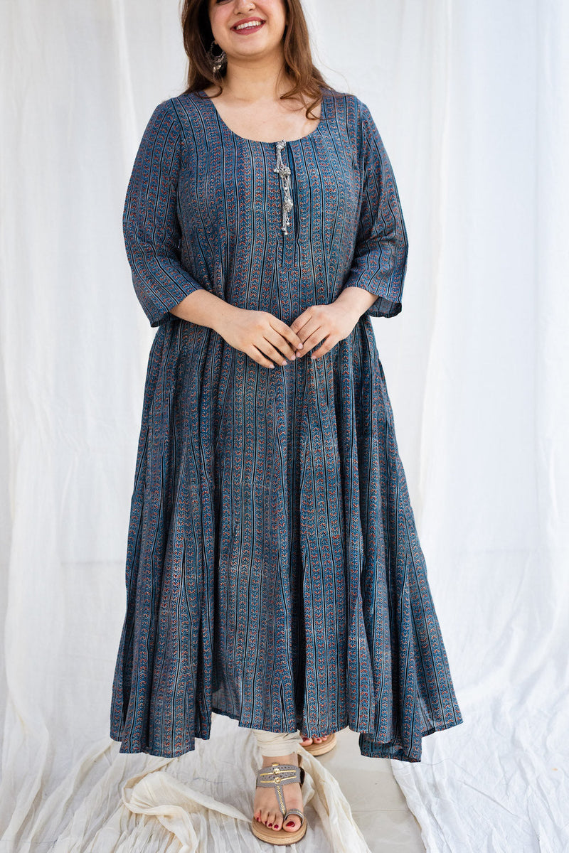 Himani Ajrakh Indigo Viscose Silk Anarkali Kurta