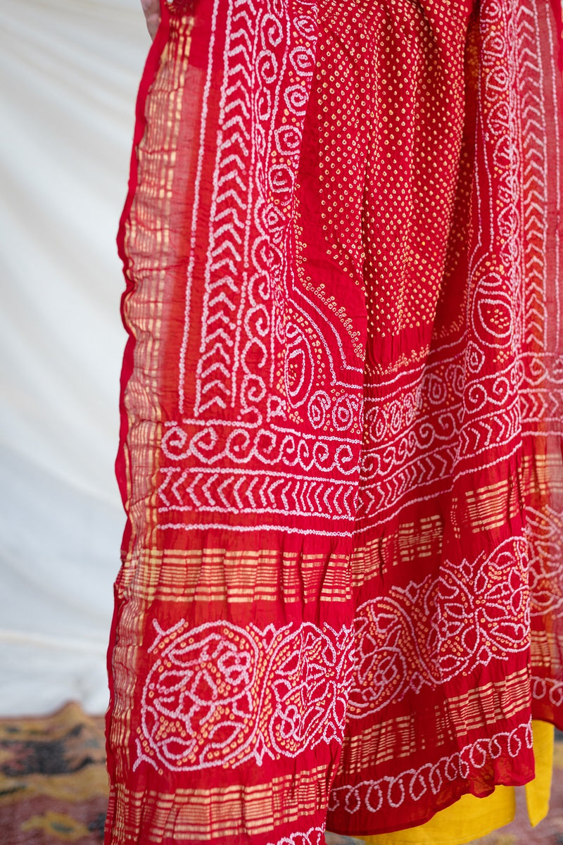 Cherry Red Bandhej Venkatgiri Handloom Cotton Dupatta