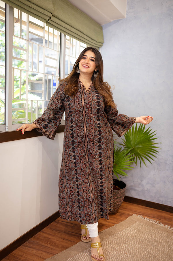 Elegant Cotton Ajrakh Combination Straight Cut Kurta with Beautiful Ha –  Sujatra