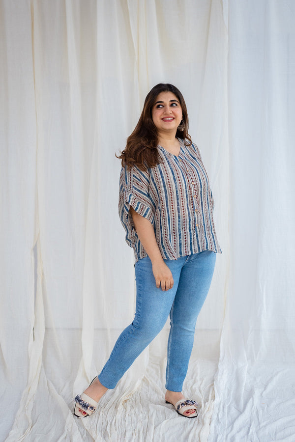 Pankti Ajrakh Beige Linen Short Top