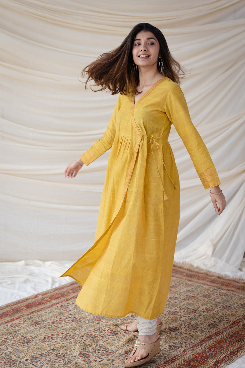 Roshni Yellow Mangalgiri Cotton Angrakha Kurta