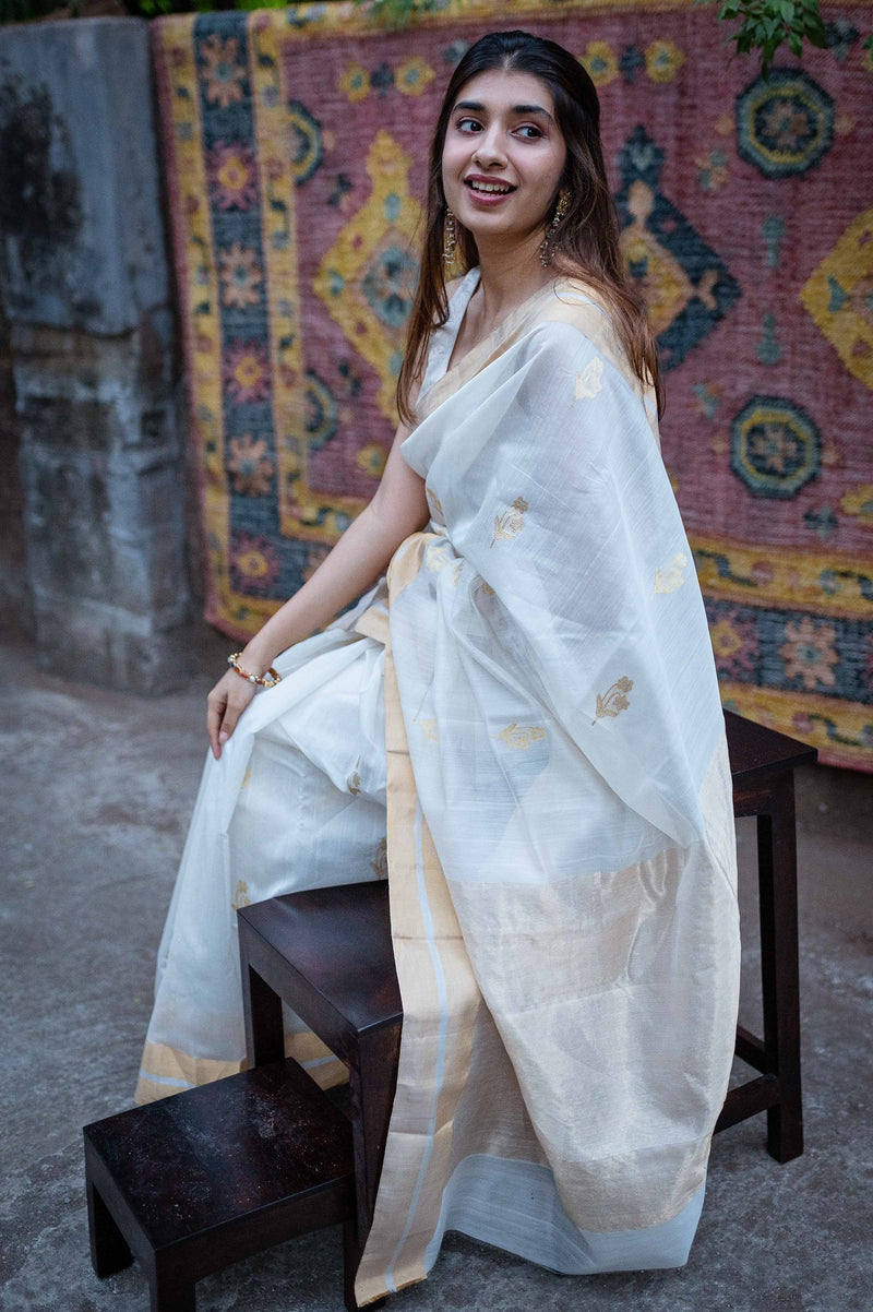 White Chanderi Cotton Silk Ekraliya Saree