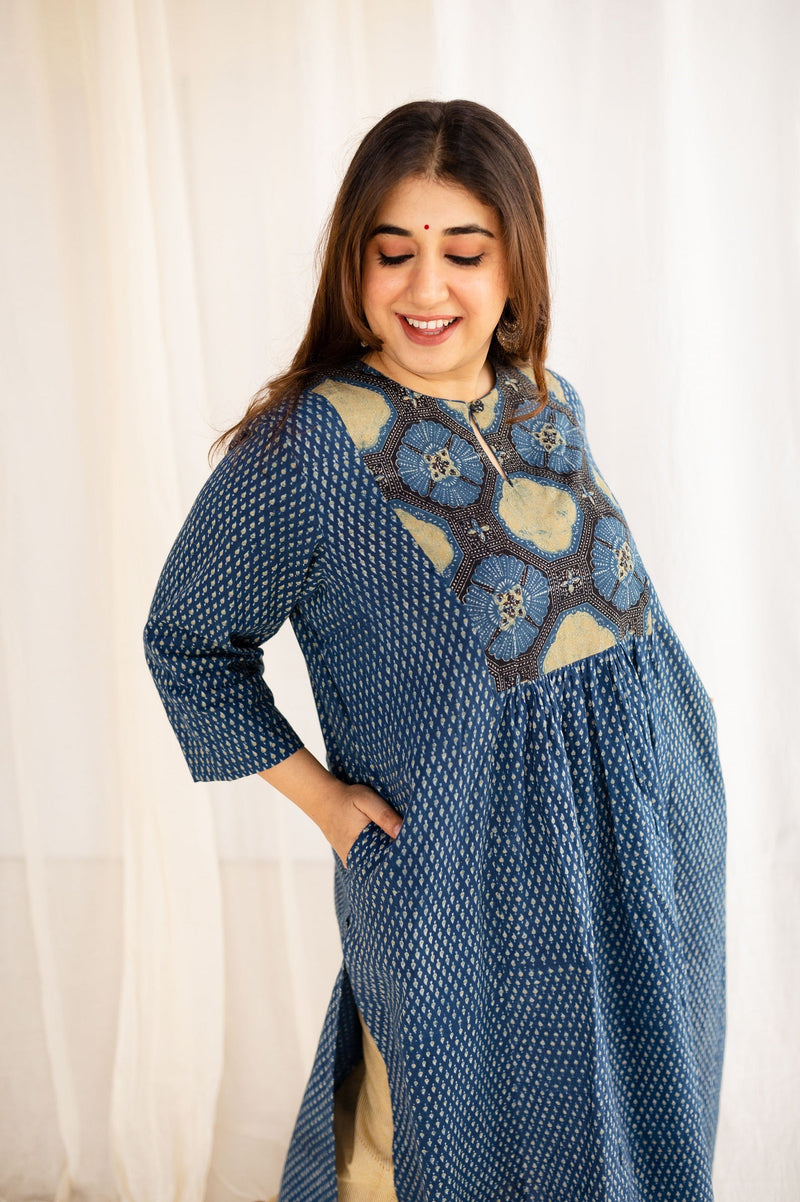 Driti Ajrakh Indigo Cotton Patchwork Kurta
