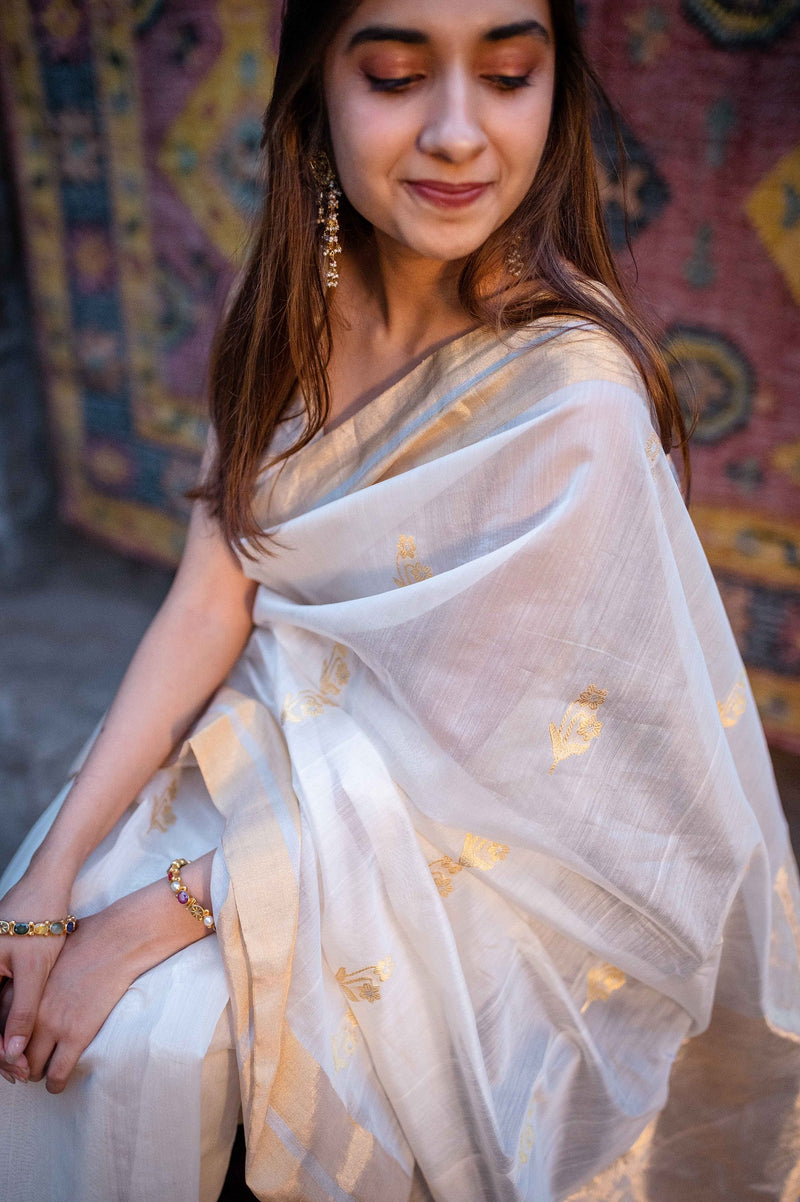 White Chanderi Cotton Silk Ekraliya Saree