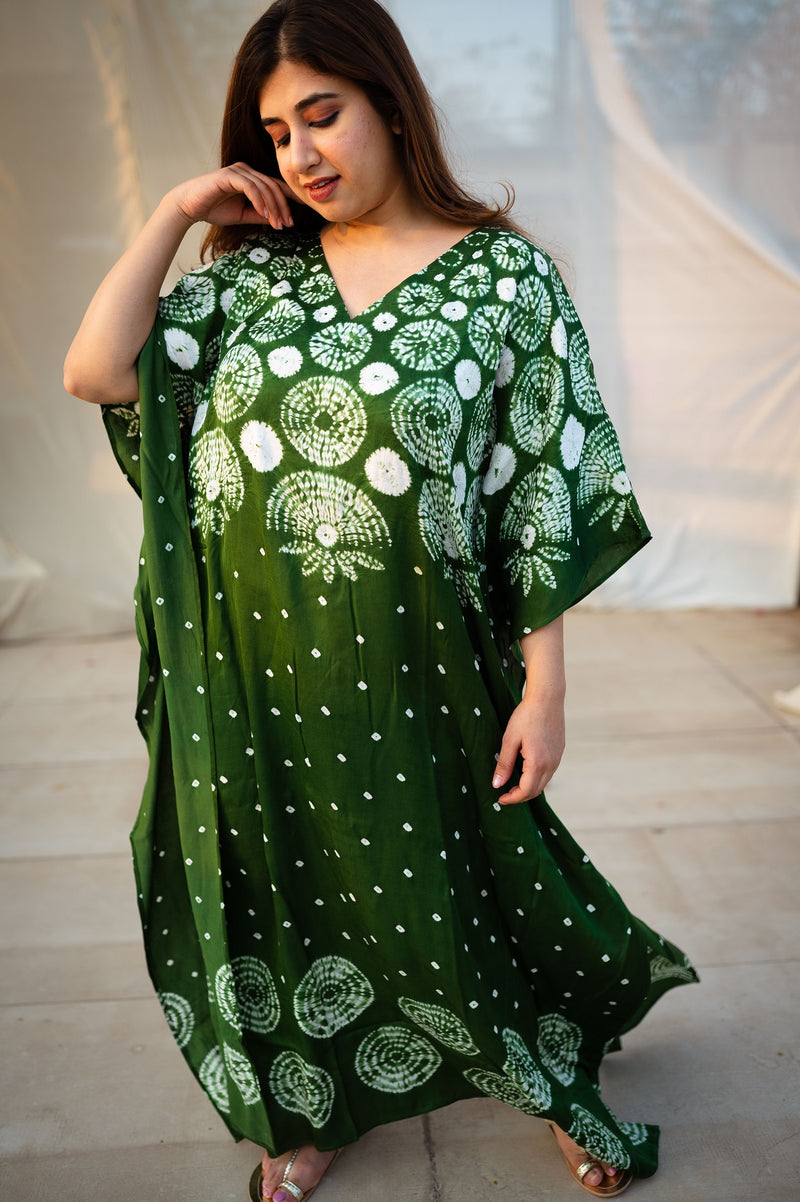 Olive Green Shibori Modal Silk Kaftan