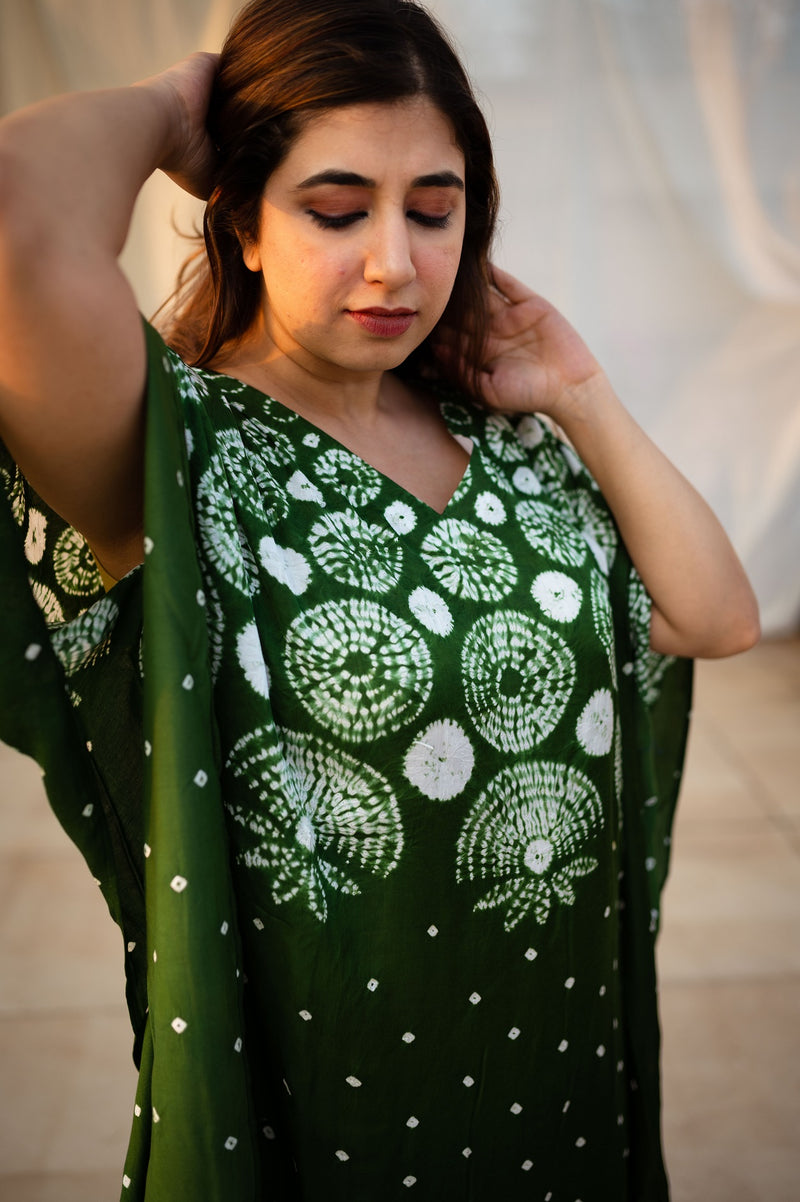 Olive Green Shibori Modal Silk Kaftan