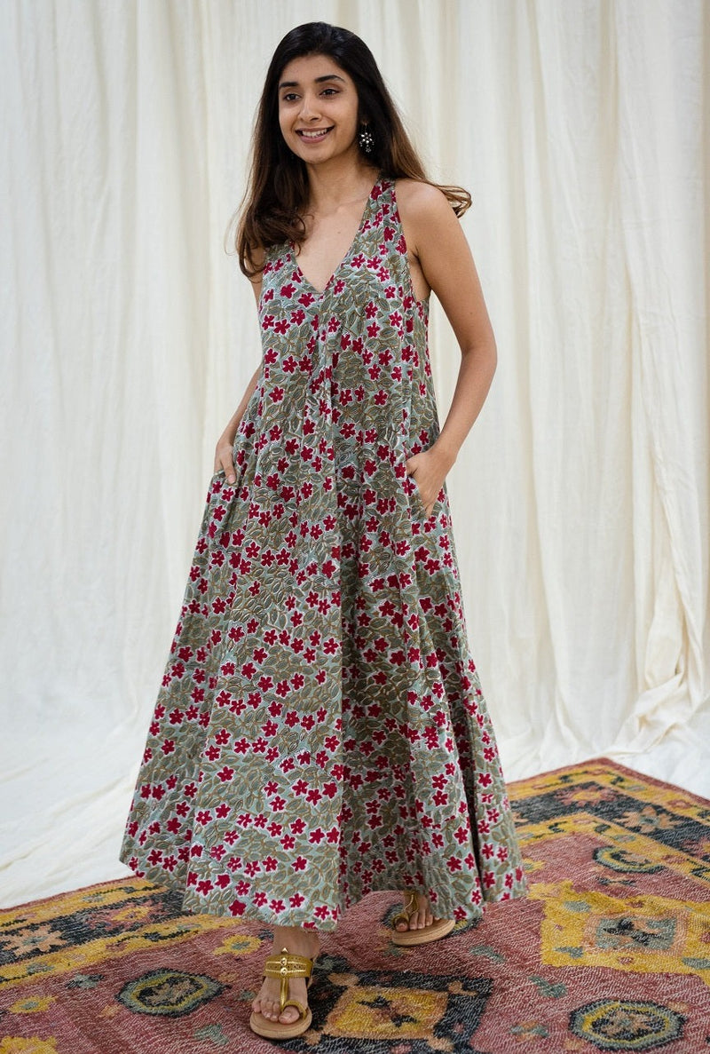 Floral Tribute Sanganeri Flared Cotton Maxi Dress