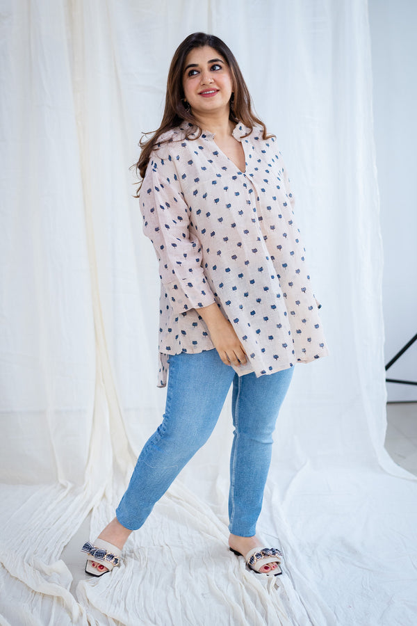 Chaya Ajrakh Off White Linen Short Top