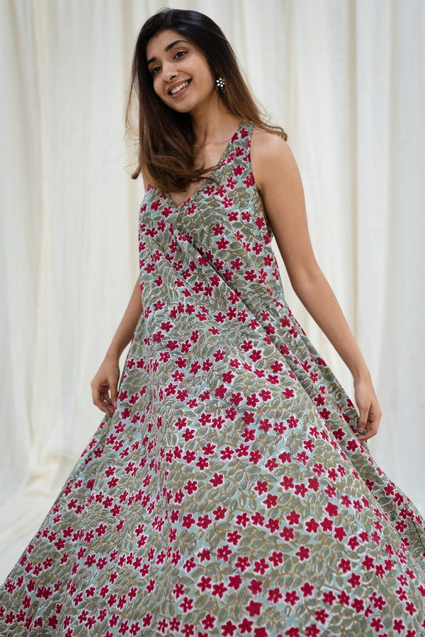 Floral Tribute Sanganeri Flared Cotton Maxi Dress