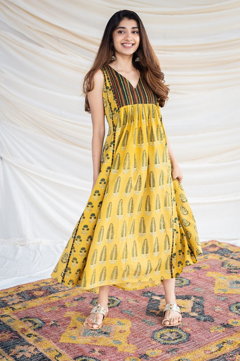 Aisha Ajrakh Mustard Cotton Dress