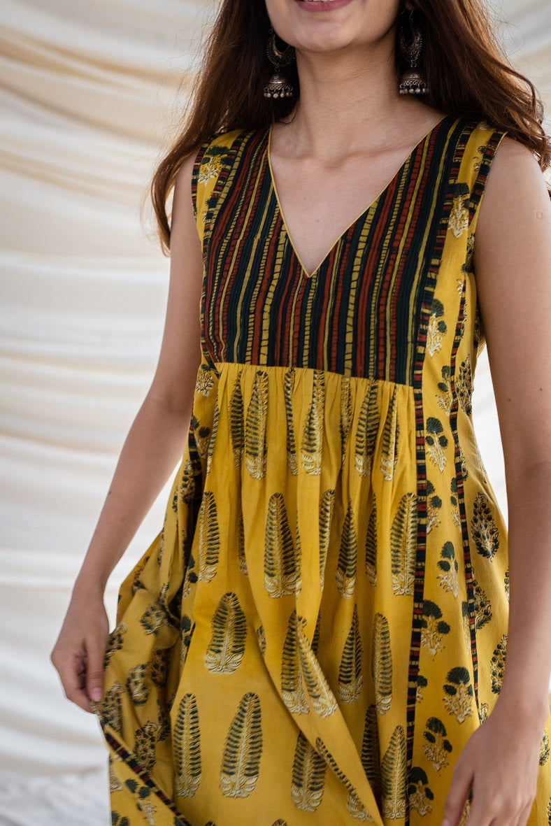 Aisha Ajrakh Mustard Cotton Dress