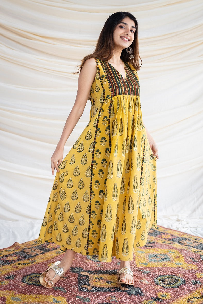Aisha Ajrakh Mustard Cotton Dress