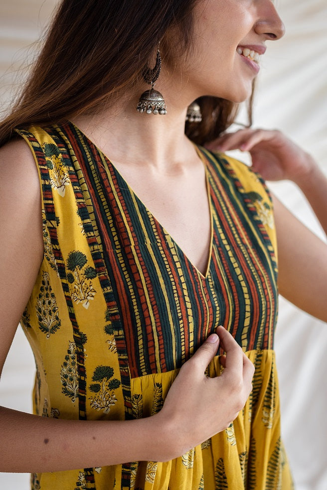 Aisha Ajrakh Mustard Cotton Dress