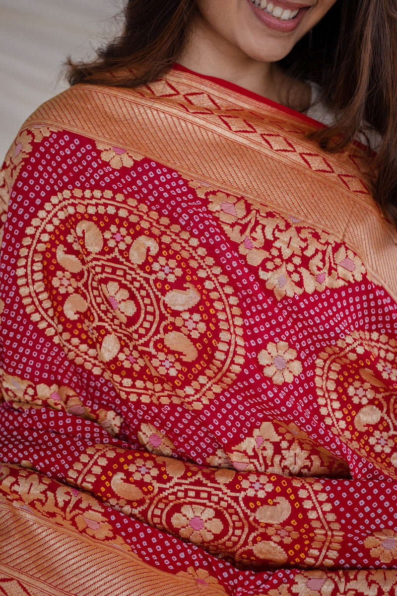 Pink and Golden Bandhej Banarasi Georgette Dupatta