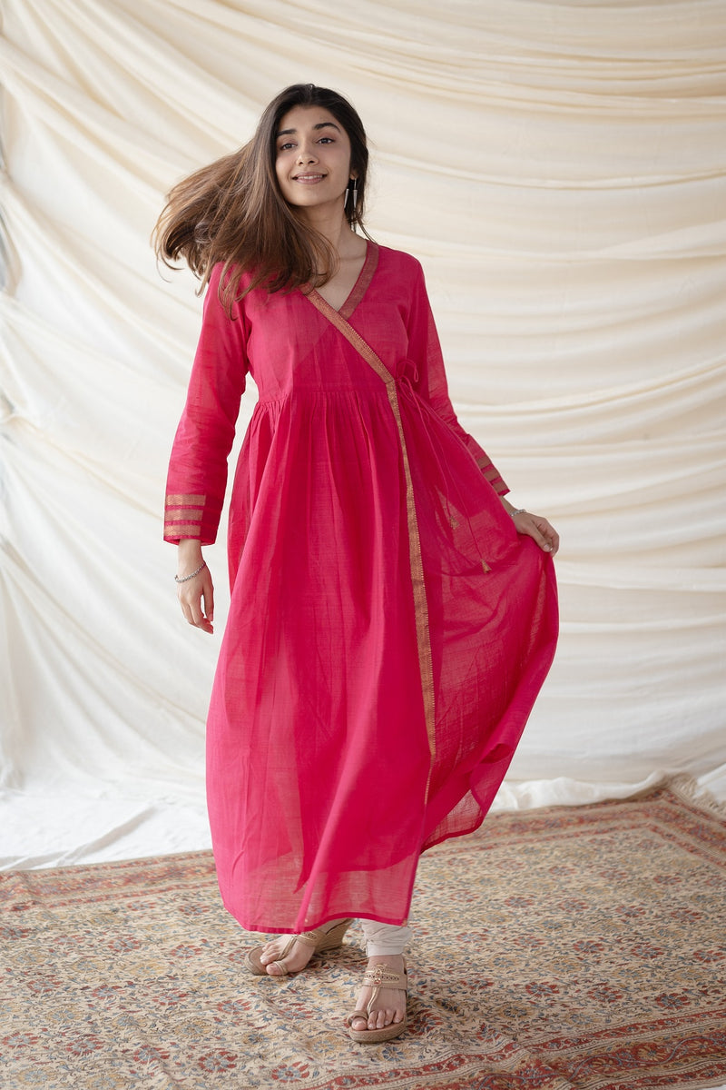 Gina Pink Mangalgiri Cotton Angrakha Kurta