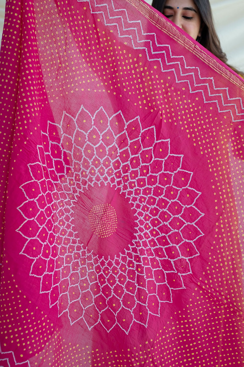 Fuchsia Pink Bandhej Venkatgiri Handloom Cotton Dupatta
