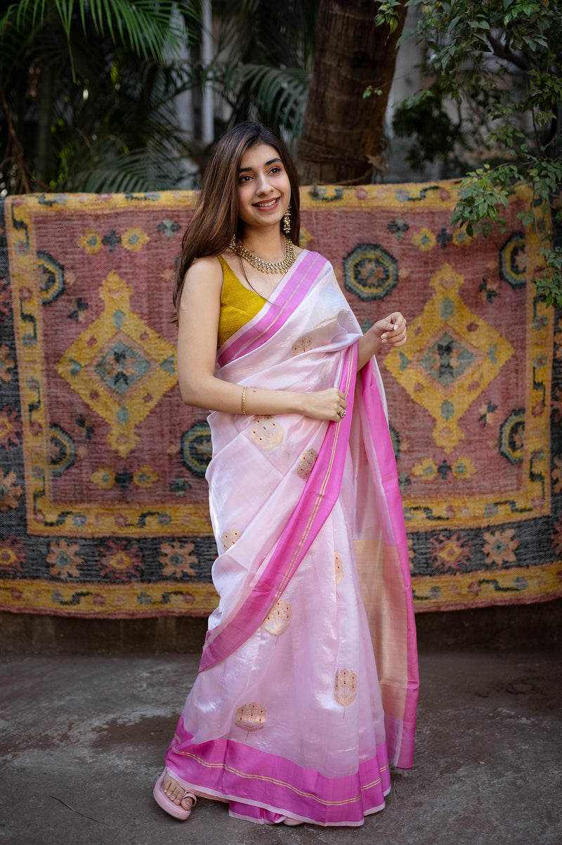 Light Pink Chanderi Pattu Soft Silk Aulowar Butti Saree