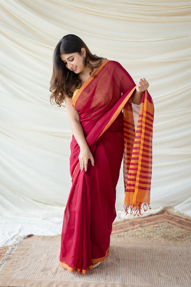 Red Mangalgiri Cotton Handwoven Saree