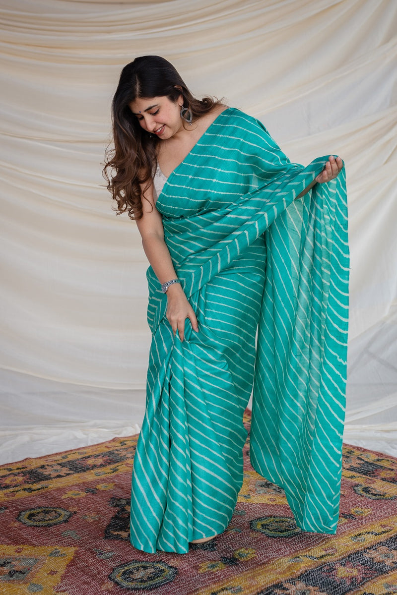 Sapphire Blue Tussar Silk Leheriya Saree