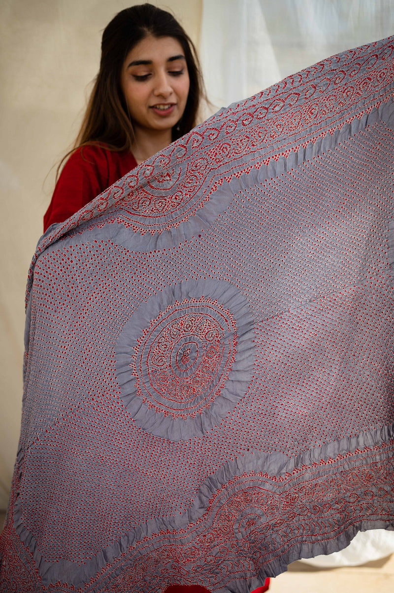 Grey-red dot Gajji Silk bandhej Dupatta
