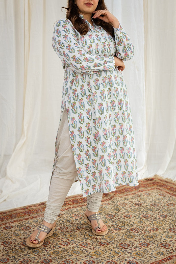 Kinza Sanganeri White Cotton Kurta