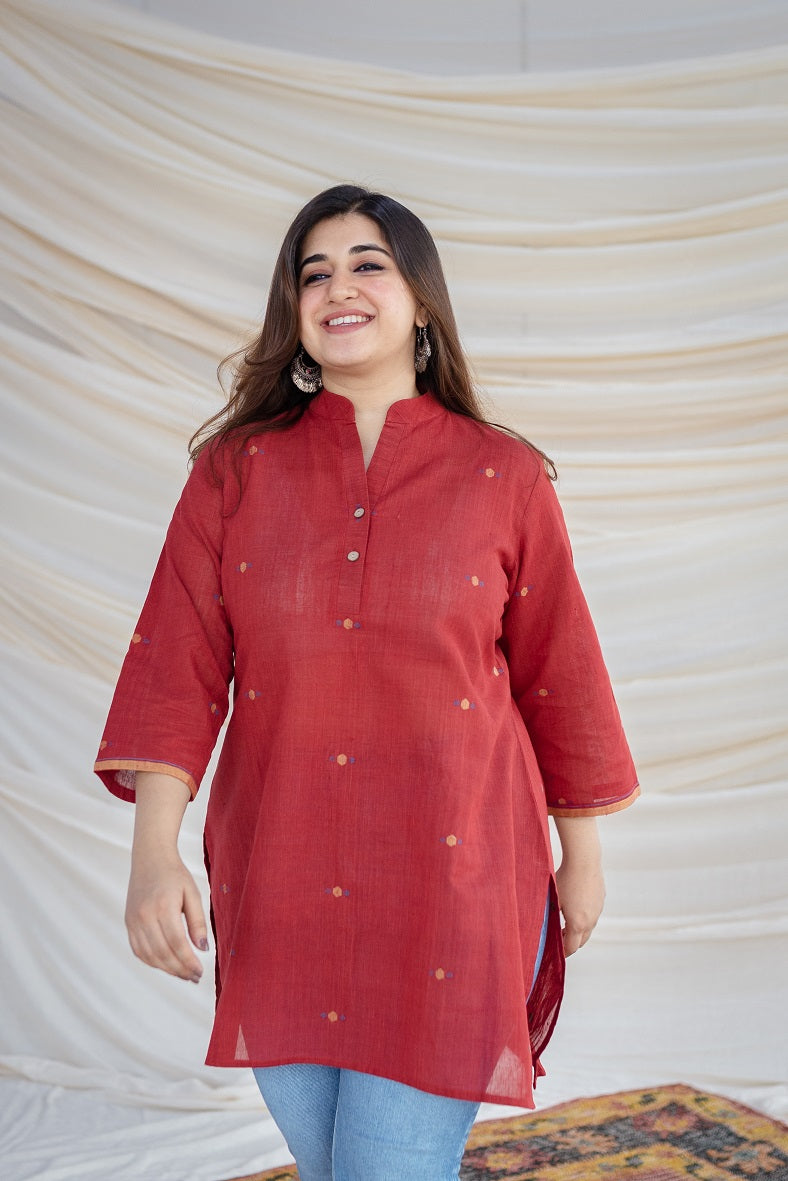 Shami Jamdani Handwoven Red Short Kurta