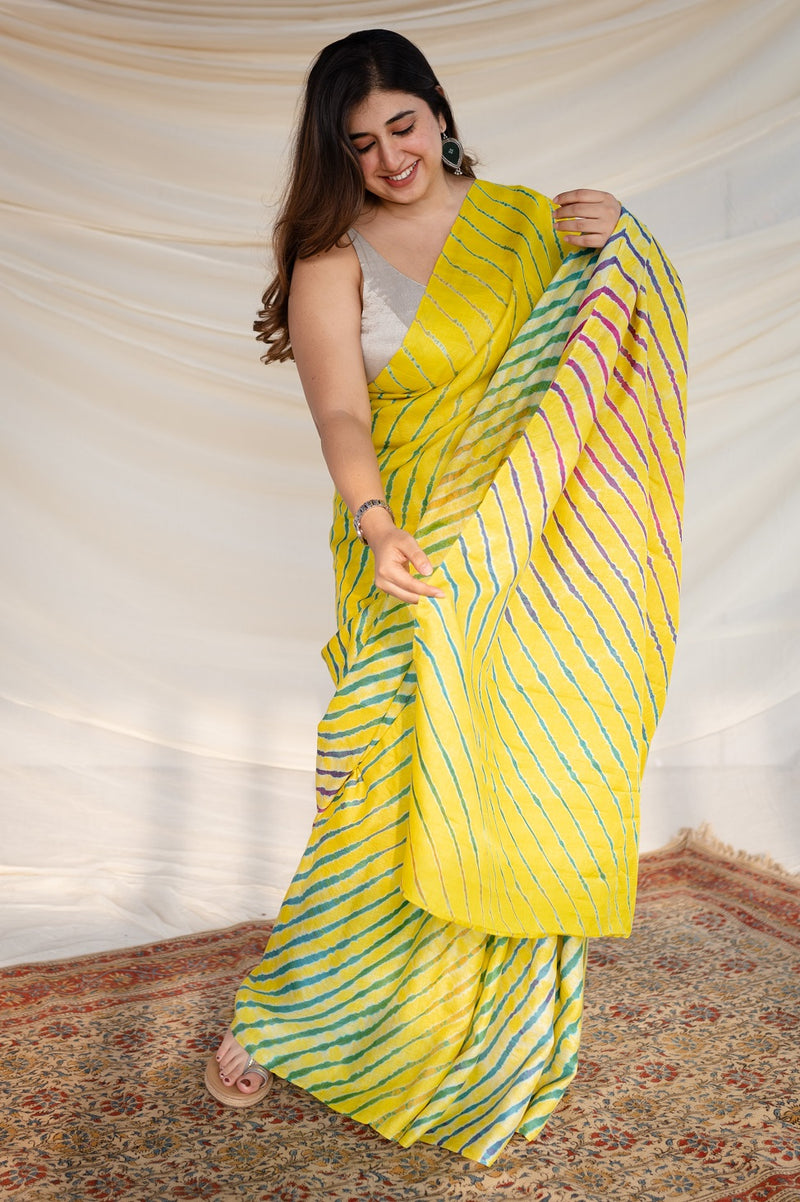 Yellow Multicolour Tussar Silk Leheriya Saree