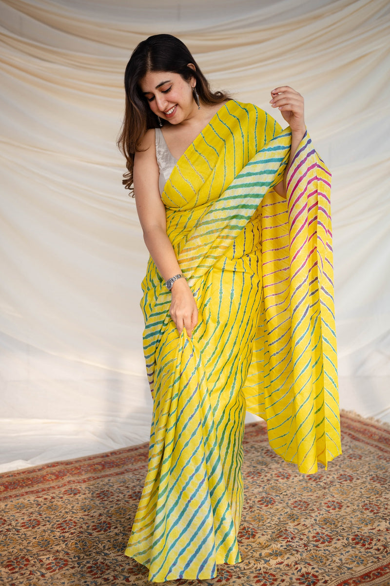 Yellow Multicolour Tussar Silk Leheriya Saree