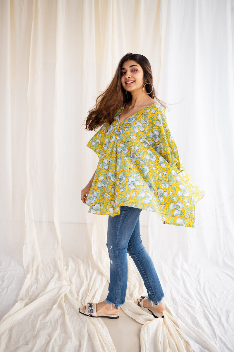 Jisha Sanganeri Yellow Cotton Short Top